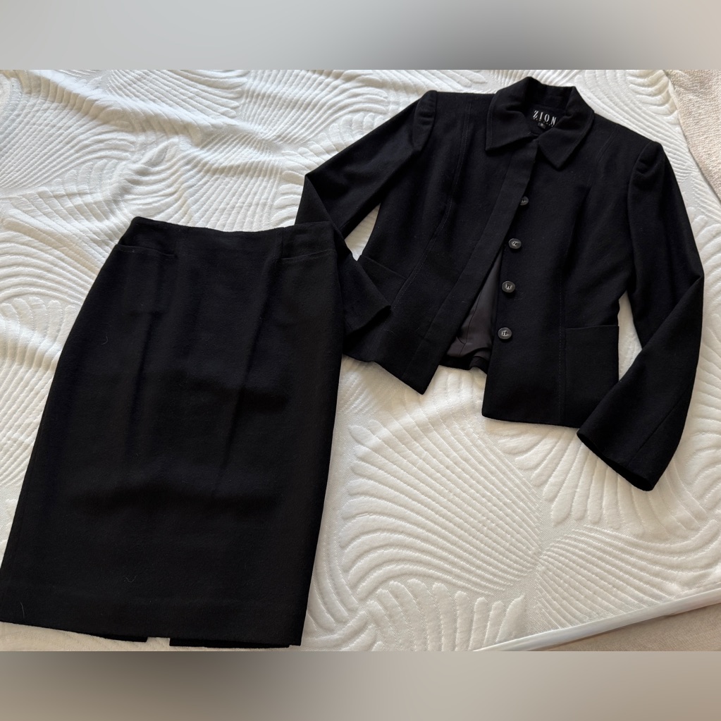 Vtg Retro Zion New York Black Wool Cashmere Angora Skirt Suit 2 France Usa *Euc*